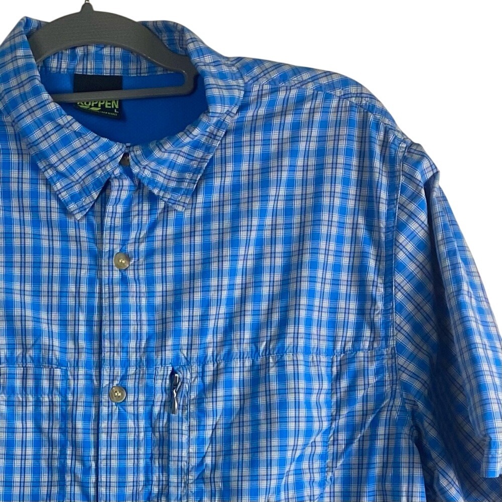 Koppen Men's Size Large‎ 100 % Nylon Blue Plaid Vented Casual Button Down Hiking